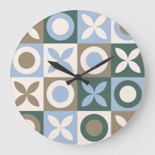 Blue and Brown Geometric Tile Mosaic Pattern Large Clock