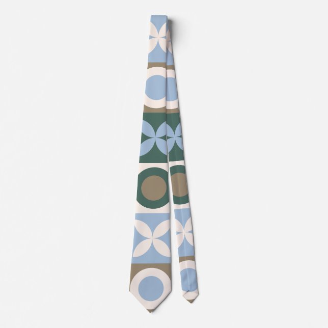 Blue and Brown Geometric Tile Mosaic Pattern Neck Tie (Front)