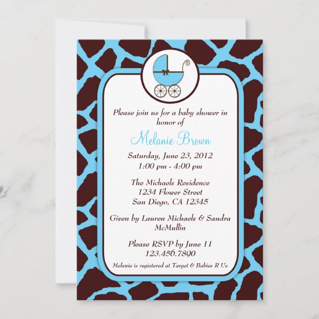 Blue and Brown Giraffe Print Baby Shower Invite (Front)