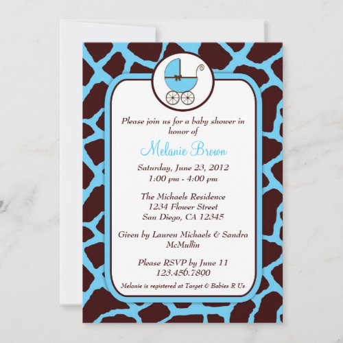 Blue and Brown Giraffe Print Baby Shower Invite