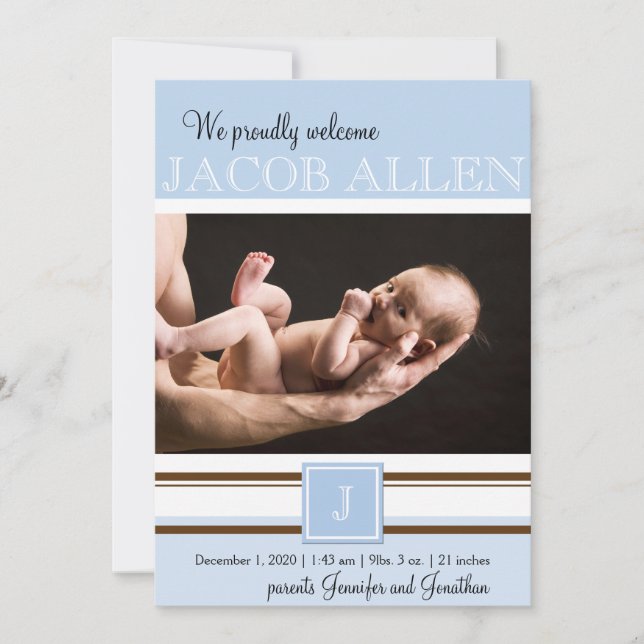 Blue and Brown Monogram Boy Baby Announcement (Front)