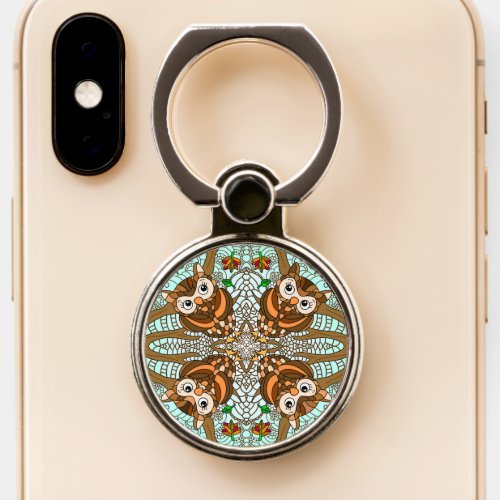 Blue and Brown Owl and Tree Branches Mandala Phone Ring Stand