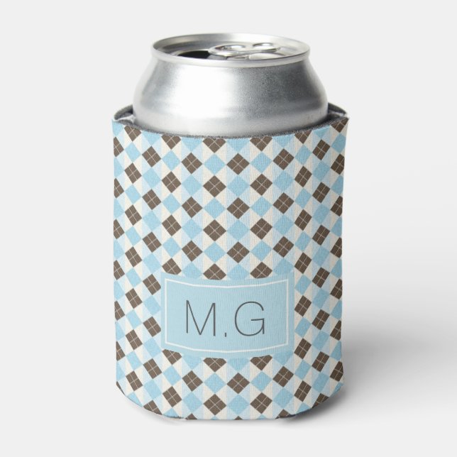 Blue and Brown Personalised Argyle Pattern Can Cooler (Can Front)