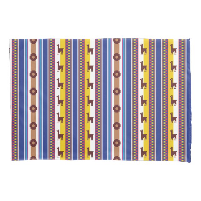 Blue and brown peruvian Llama Pattern Pillow Case (Front)
