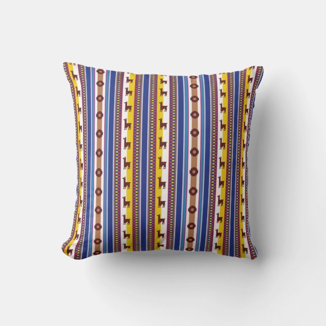 Blue and brown peruvian Llama Pattern Throw Pillow (Front)