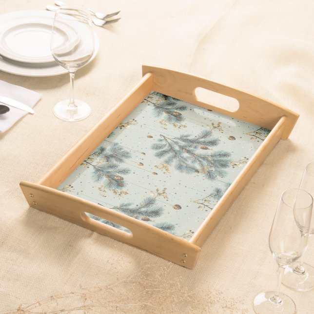 Blue and Brown Pinecone Winter Pattern Serving Tray (Front)