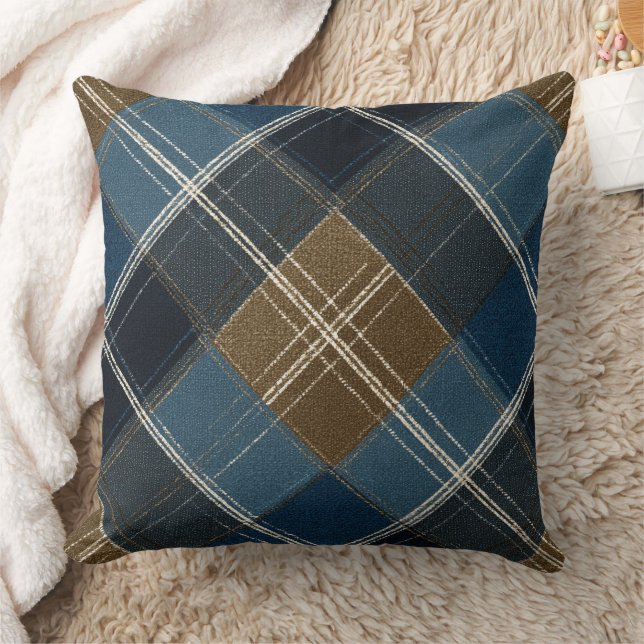 Blue And Brown Plaid Throw Pillow (Blanket)