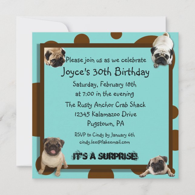 Blue and Brown Pug Invitations (Front)