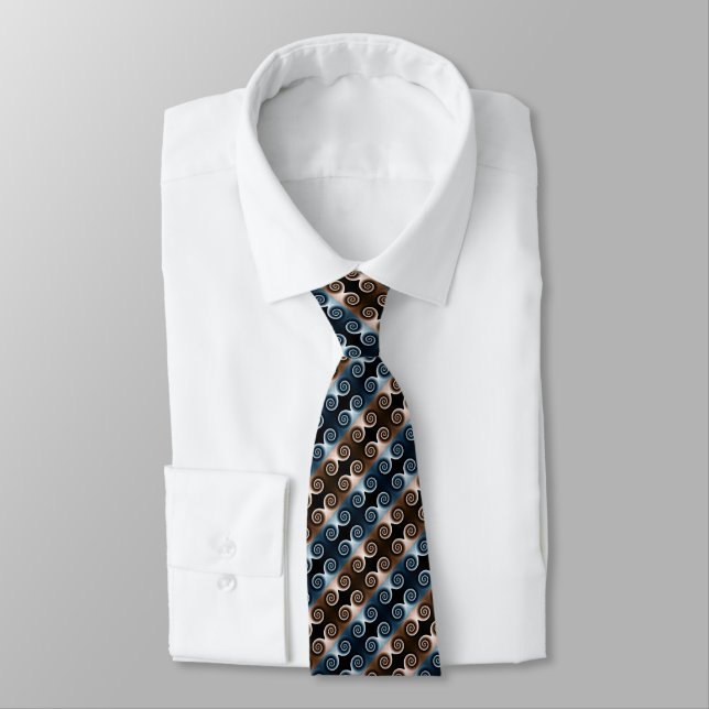 Blue and Brown Spiral Abstract Pattern Neck Tie (Tied)