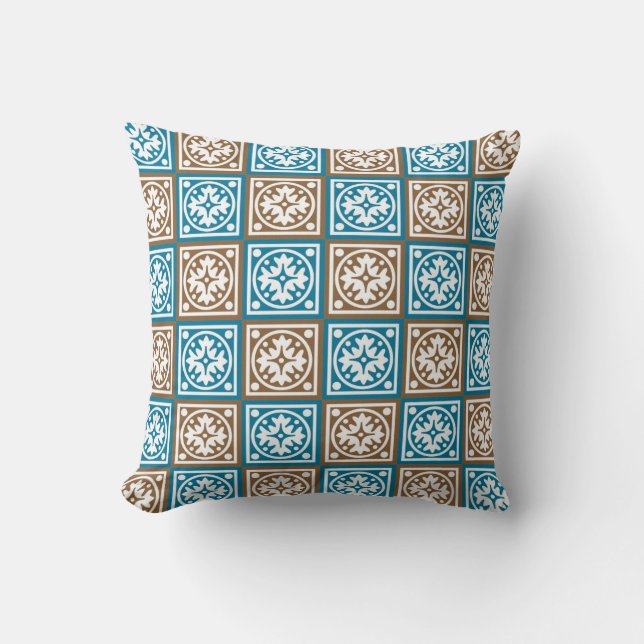 Blue and brown squares pattern throw pillow (Front)