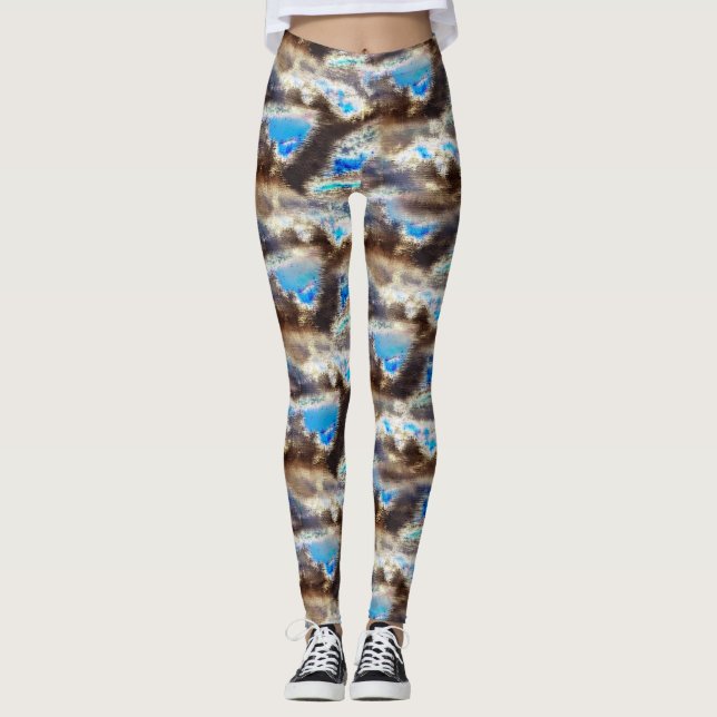 Blue and brown stained texture in a rough woody    leggings (Front)