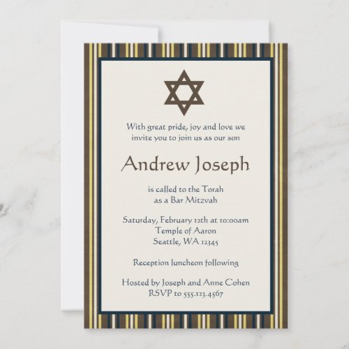 Blue and Brown Stripes Bar Mitzvah Invitation