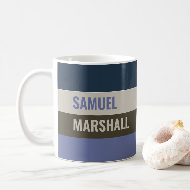 Blue and Brown  Stripes Pattern Personalised Coffee Mug (With Donut)