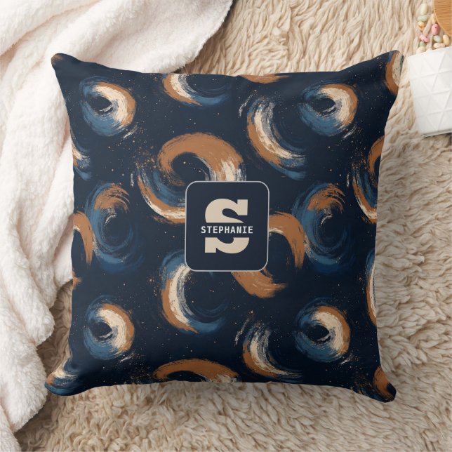 Blue and Brown Swirl Circle on Dark Background Throw Pillow (Blanket)