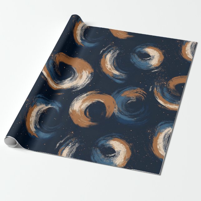 Blue and Brown Swirl Circle on Dark Background Wrapping Paper (Unrolled)