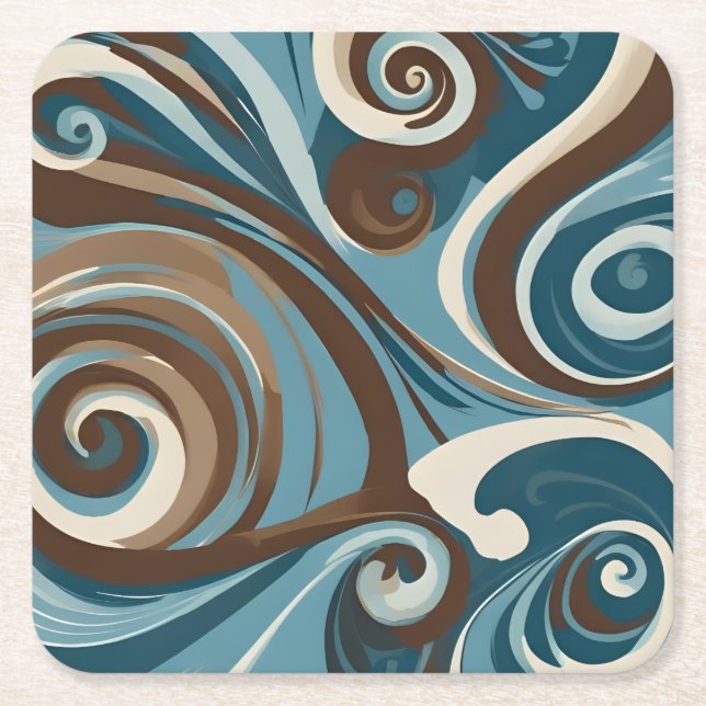 Blue and Brown Swirl Square Paper Coaster (Front)