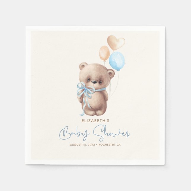 Blue and Brown Teddy Bear Baby Shower Napkins (Front)