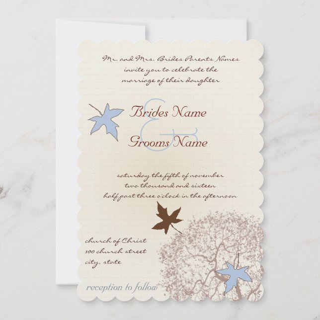 Blue and Brown Tree Wedding Invitation (Back)