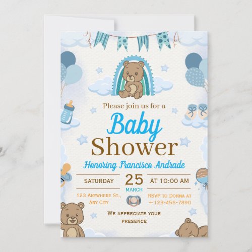 blue and brown watercolor illustration baby shower invitation