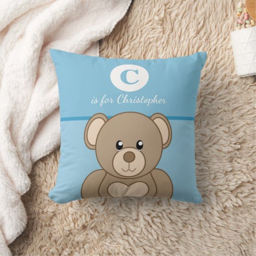 Blue and brown with a cute teddy bear baby name throw pillow