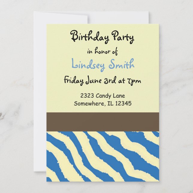 Blue and Brown Zebra Pattern Birthday Invitation (Front)