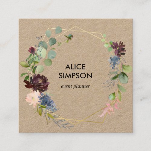 Blue and Burgundy Floral Geometric Kraft Square Business Card