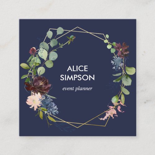 Blue and Burgundy Floral Geometric Square Business Card