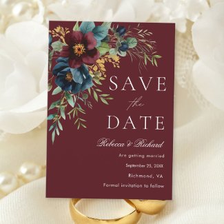 Blue and Burgundy Flower Save the Date Invitation