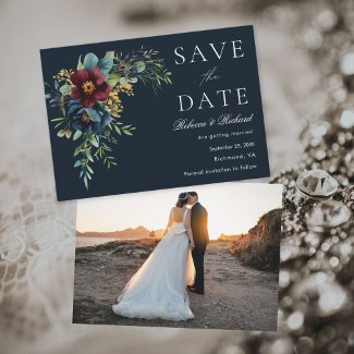 Blue and Burgundy Flower Save the Date Photo 