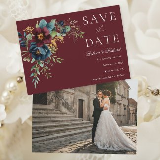 Blue and Burgundy Flower Save the Date Photo