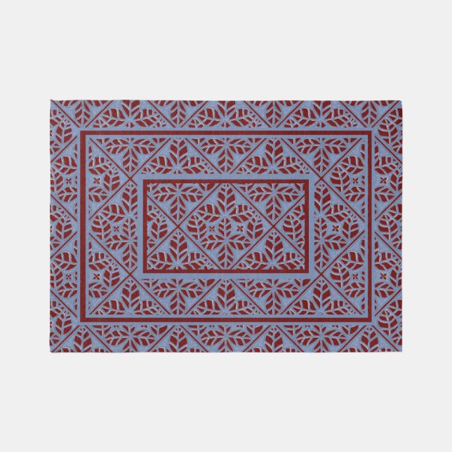 Blue and Burgundy leaf print Area Rug (Front)