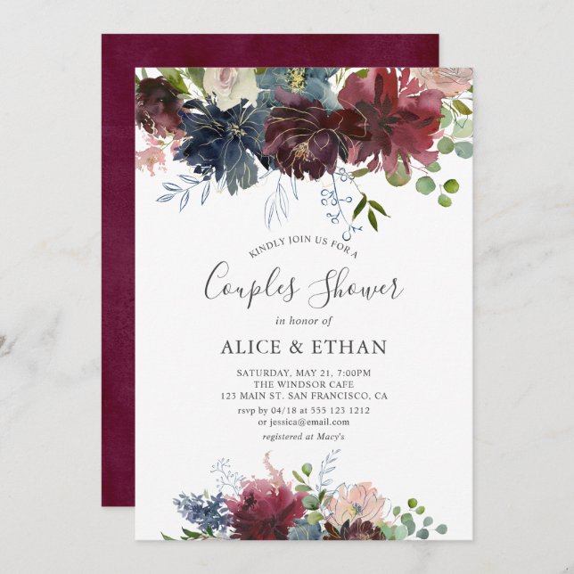Blue And Burgundy Watercolor Floral Couples Shower Invitation (Front/Back)