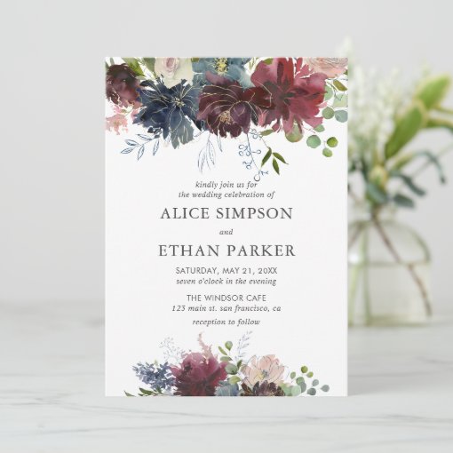 Blue And Burgundy Watercolor Floral Wedding Invitation | Zazzle