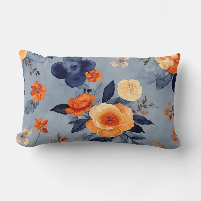 Blue and Burnt Orange Farmhouse floral Lumbar Pillow (Front)