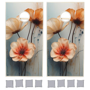 Blue and caramel brown tone floral print cornhole set