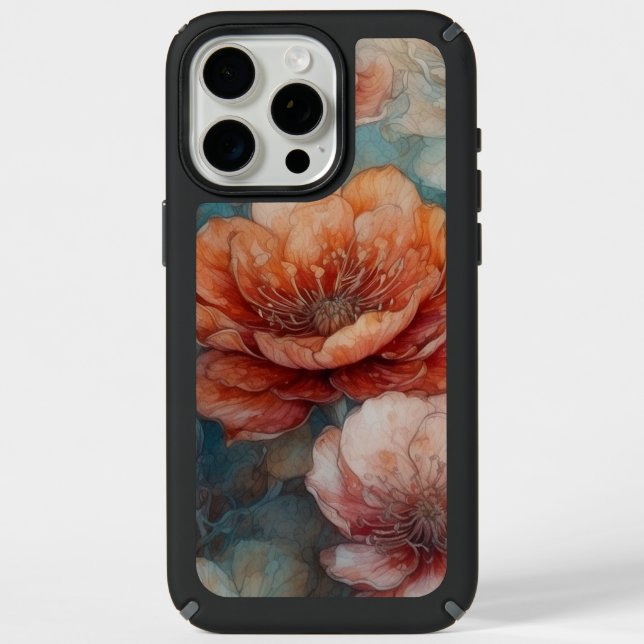 Blue and caramel brown tone floral print speck iPhone case (Front)
