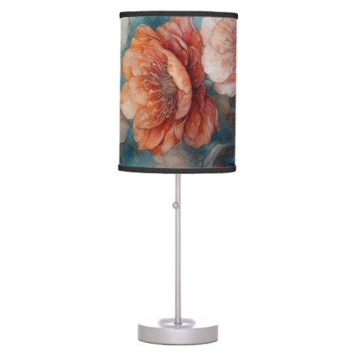 Blue and caramel brown tone floral print table lamp