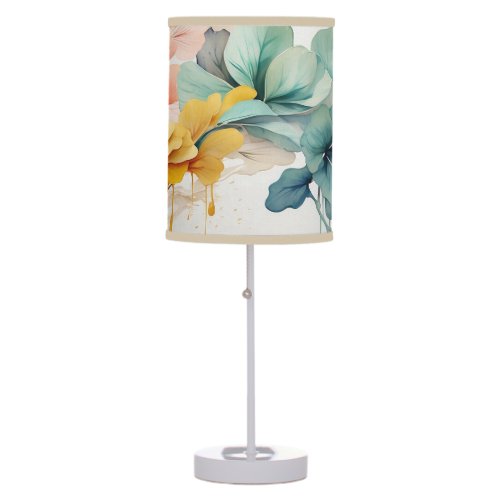 Blue and caramel brown tone floral print table lamp