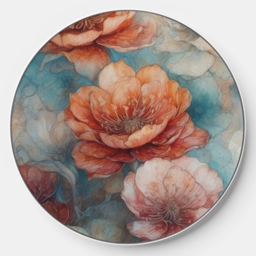 Blue and caramel brown tone floral print wireless charger 