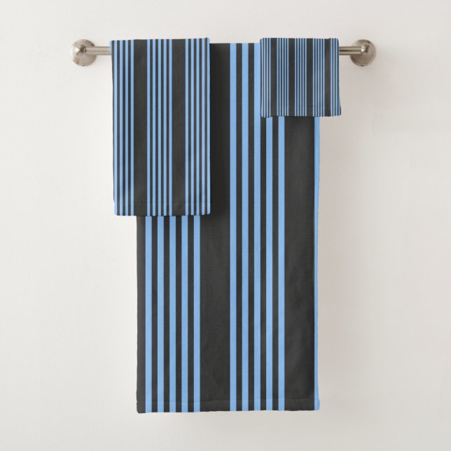 Blue and charcoal five stripe pattern bath towel set (Insitu)