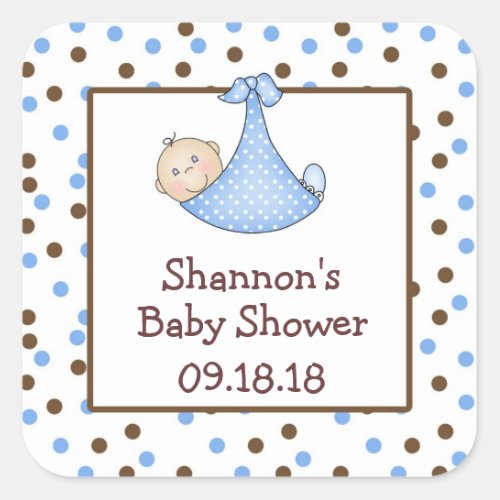 Blue and Chocolate Brown Baby Shower Favor Square Sticker