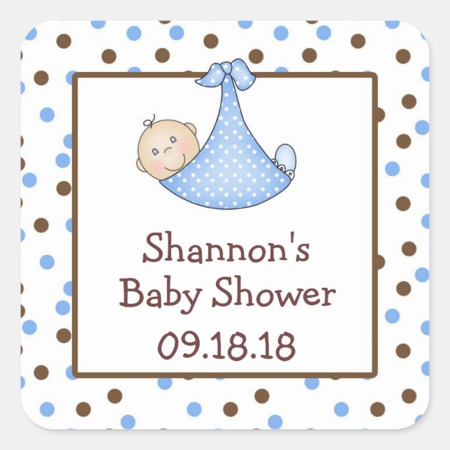 Blue and Chocolate Brown Baby Shower Favor Square Sticker (Front)