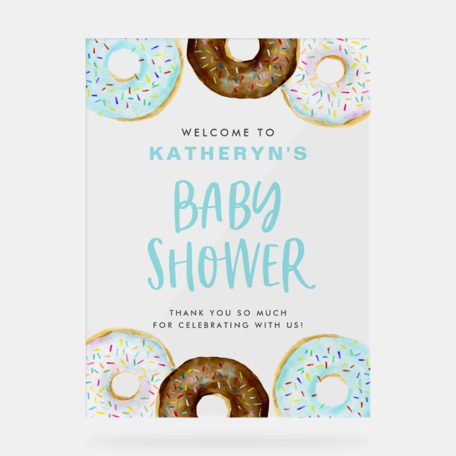 Blue and Chocolate Donuts Baby Shower Welcome Acrylic Sign (Front)
