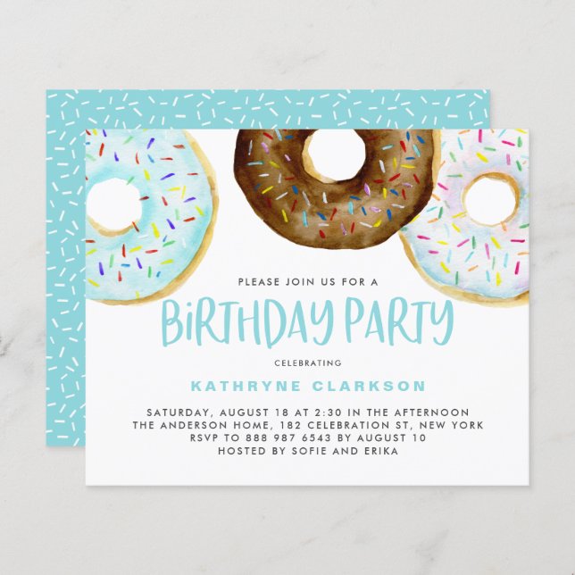 Blue and Chocolate Donuts Birthday Invitation (Front/Back)