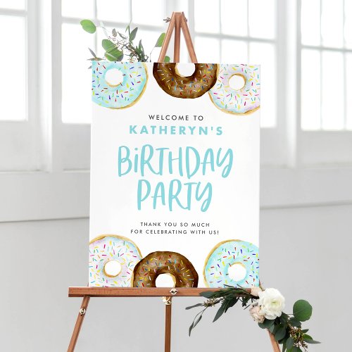 Blue and Chocolate Donuts Birthday Party Welcome Poster