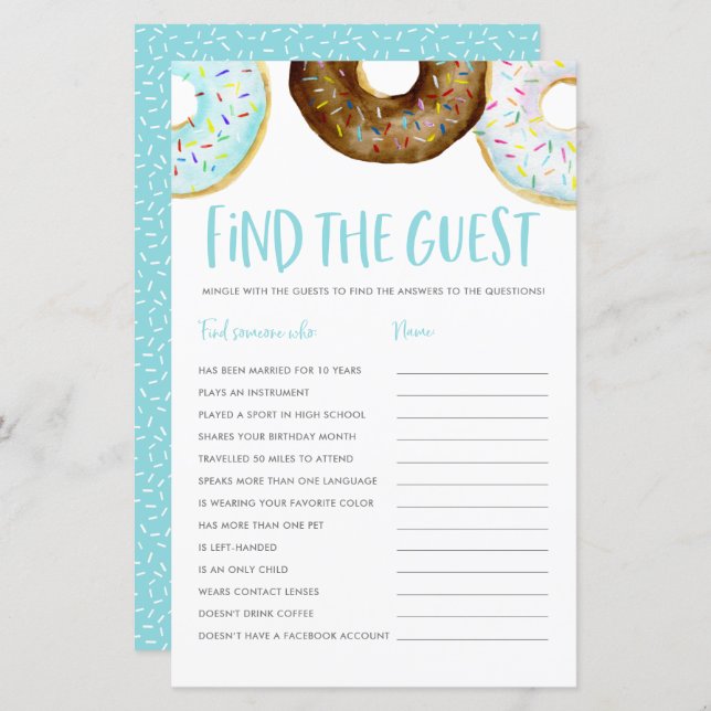 Blue and Chocolate Donuts Find the Guest Game (Front/Back)