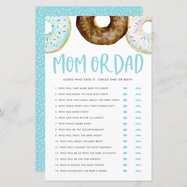 Blue and Chocolate Donuts Mom or Dad Shower Game (Front/Back)
