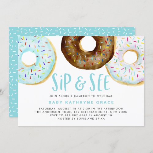 Blue and Chocolate Donuts Sprinkles Sip and See Invitation