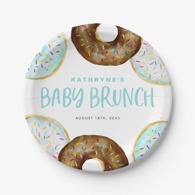 Blue and Chocolate Sprinkle Donuts Baby Brunch Paper Plates (Front)