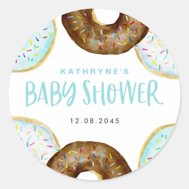 Blue and Chocolate Sprinkle Donuts Baby Shower Classic Round Sticker (Front)